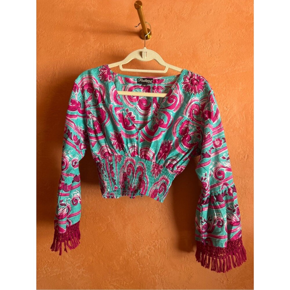 Positano Beaded Fringe Crop Top Pink Aqua Boho Resort M/L
